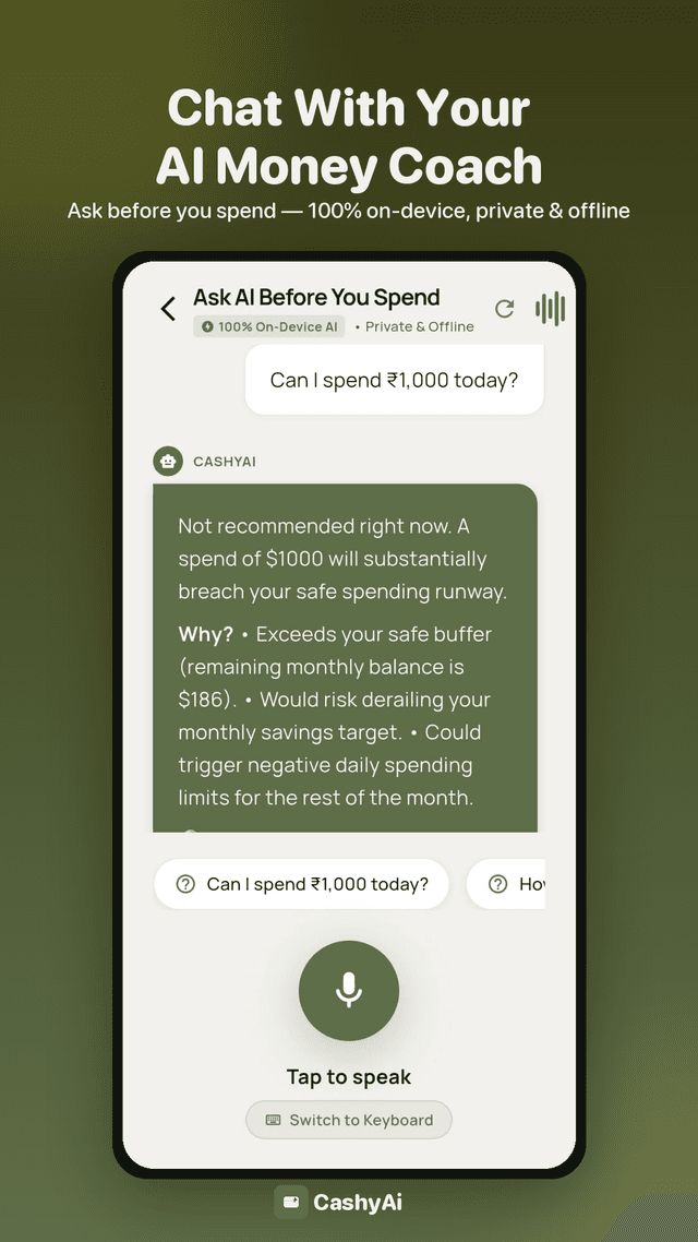 CashyAi on-device AI chat answering a spending-safety question