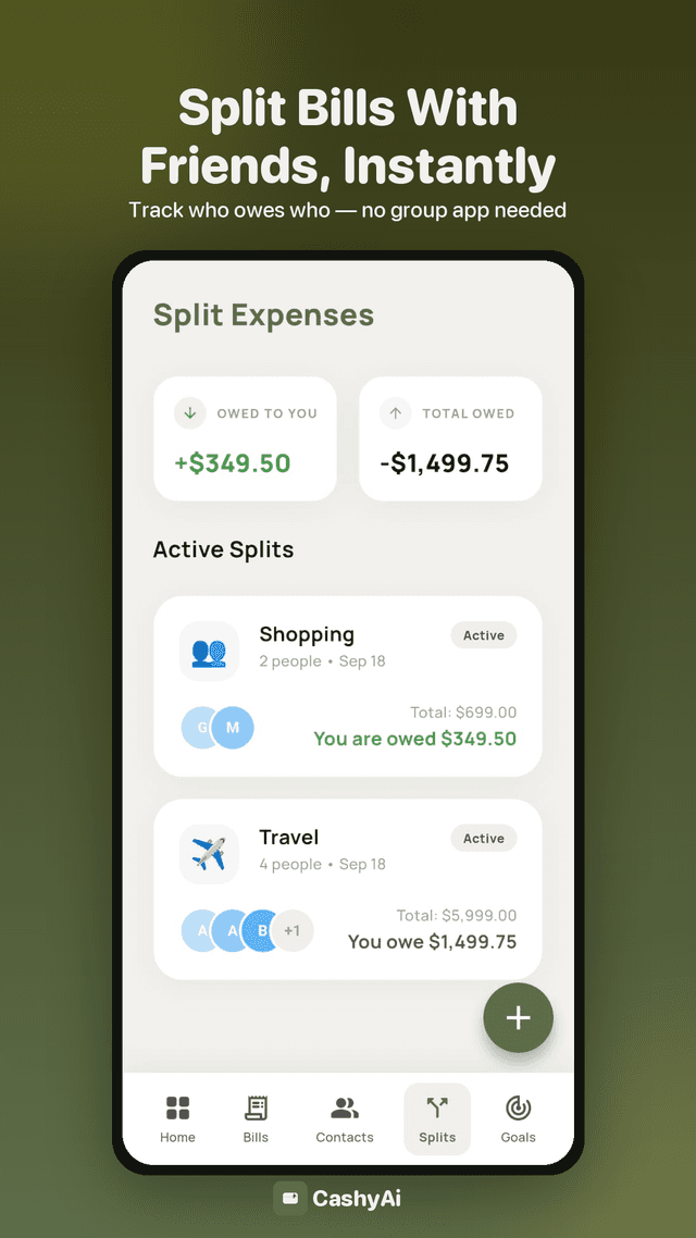 CashyAi split expenses screen showing balances owed between friends
